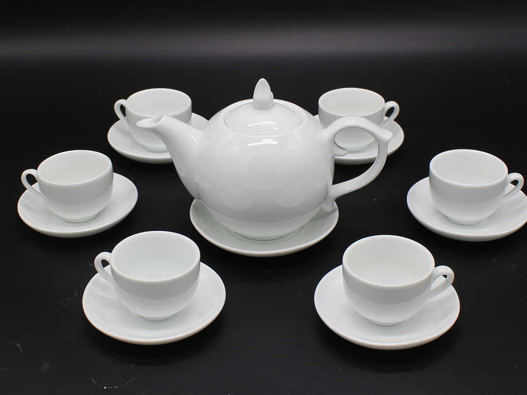 Ấm chén Bát Tràng men trắng chóp lửa quà tặng độc đáo sang trọng