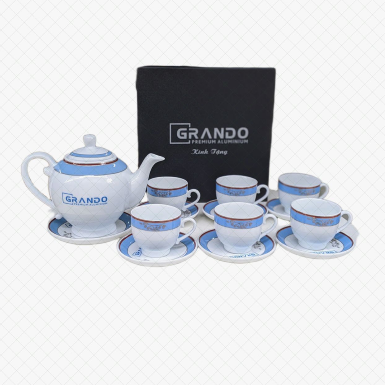 Ấm chén in logo Grando quà tặng sang trọng Bát Tràng 