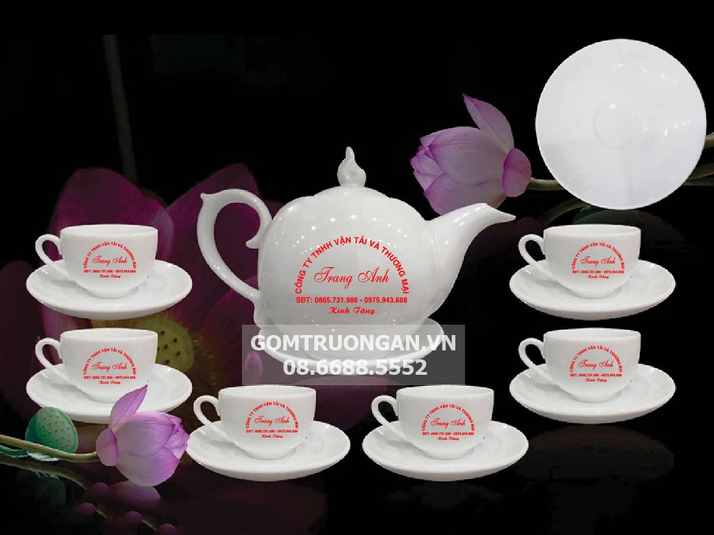 Ấm chén in logo Trang Anh bộ Bưởi lửa s2 sang trọng quà tặng Bát Tràng 