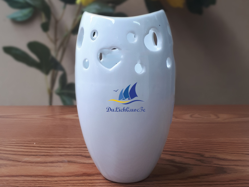 Lọ hoa sứ men trắng Bát Tràng dáng miệng cá S5 quà tặng độc đáo 