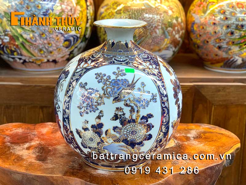 Bình hút lộc vẽ vàng tứ quý men Lam Bát Tràng 35cm đẹp sang