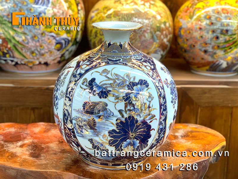 Bình hút lộc vẽ vàng tứ quý men Lam Bát Tràng 35cm đẹp sang