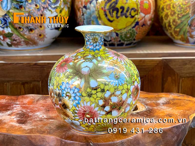 Bình hút lộc 25cm vẽ vàng 24k Bát Tràng phú quý tài lộc