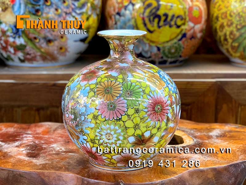 Bình hút lộc 25cm vẽ vàng 24k Bát Tràng phú quý tài lộc