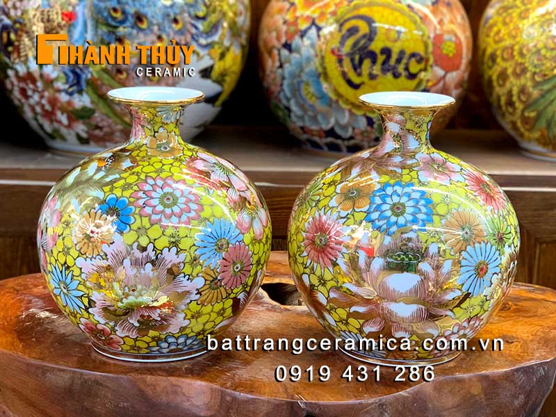 Bình hút lộc 25cm vẽ vàng 24k Bát Tràng phú quý tài lộc