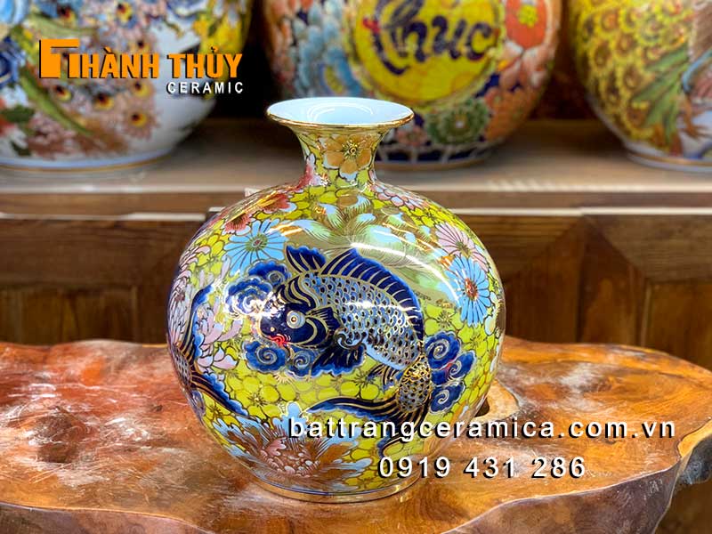 Bình hút tài lộc cá chép ngàn hoa 25cm gốm sứ Bát Tràng bán chạy 