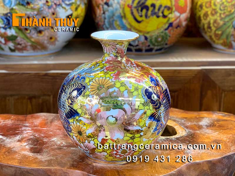 Bình hút tài lộc cá chép ngàn hoa 25cm gốm sứ Bát Tràng bán chạy