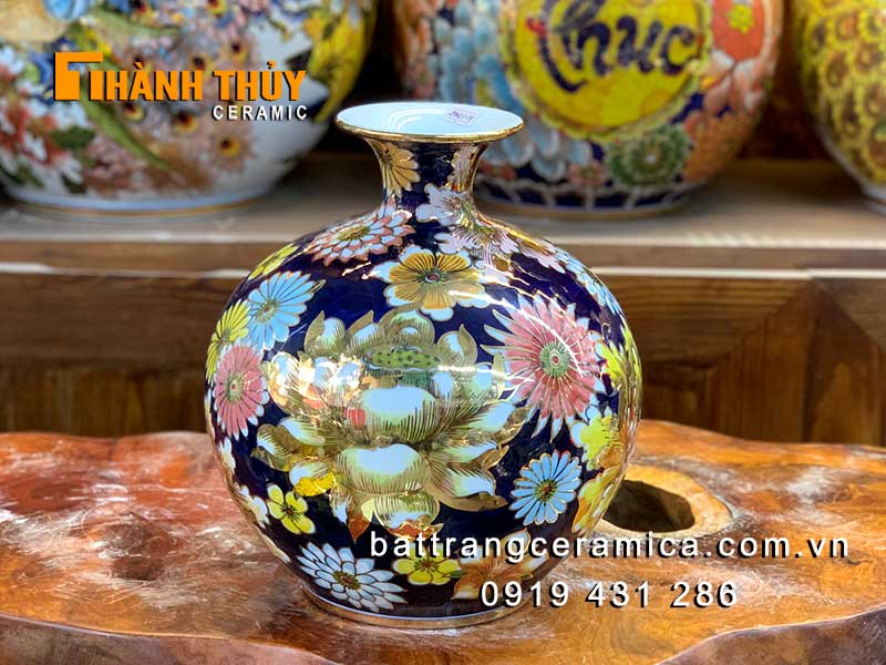 Bình hút tài lộc 25cm hoa phú quý vẽ vàng chuẩn phong thủy 