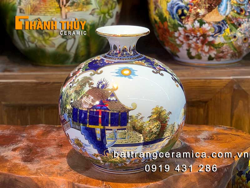 Bình tài lộc vàng 24k họa tiết Hà Nội quà tặng sang trọng 30cm