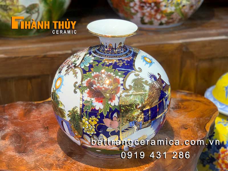 Bình tài lộc vàng 24k họa tiết Hà Nội quà tặng sang trọng 30cm