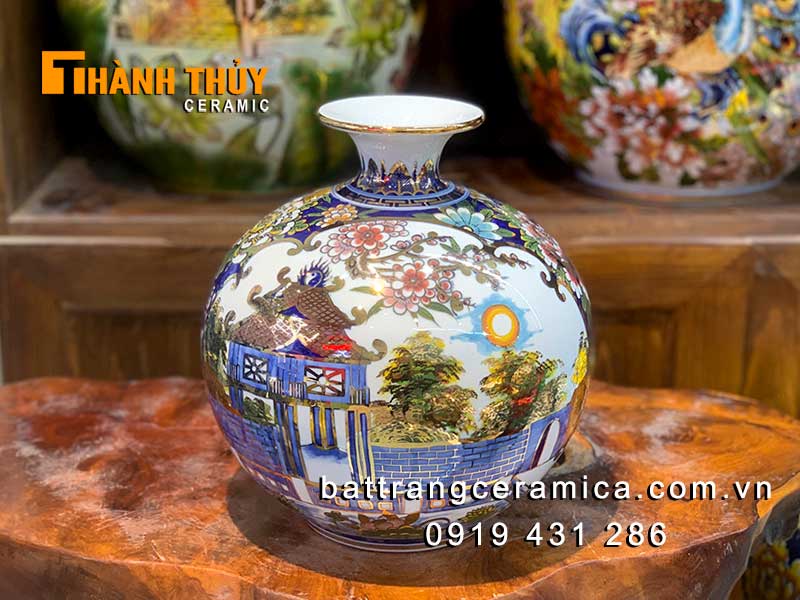 Bình tài lộc vàng 24k họa tiết Hà Nội quà tặng sang trọng 30cm