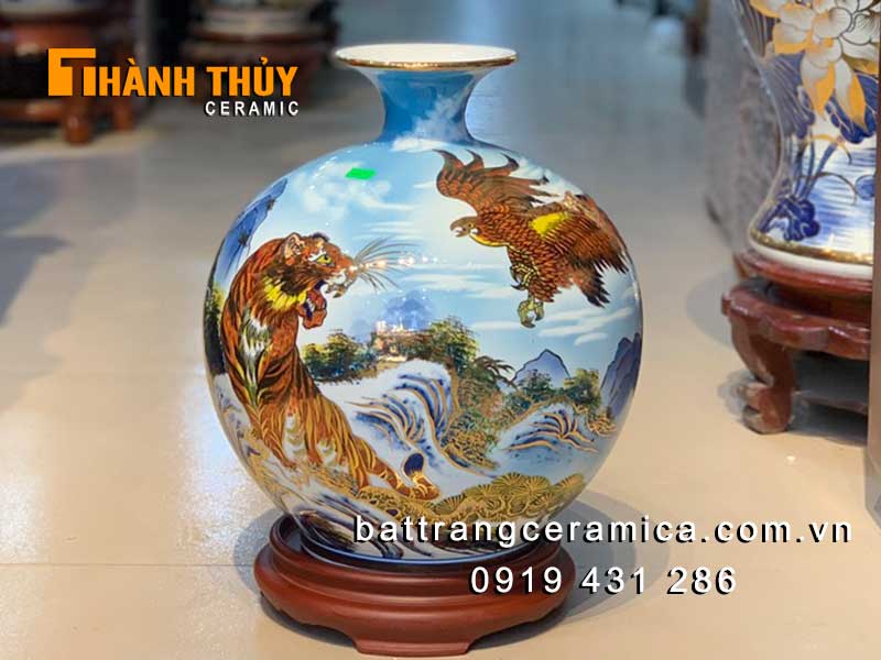 Bình tài lộc vẽ hổ đại bàng 35cm vàng 24k Bát Tràng sang trọng 