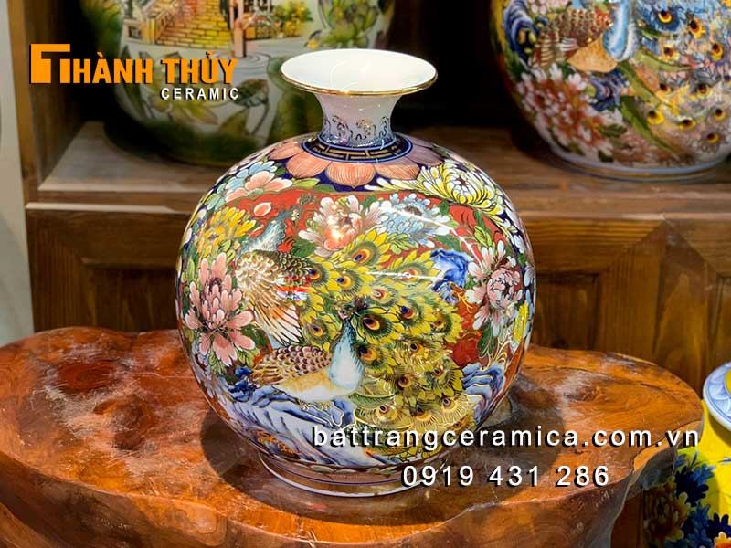 Bình hút tài lộc thuyền hoa 30cm vàng 24k Bát Tràng may mắn