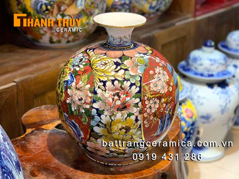 Bình hút tài lộc thuyền hoa 30cm vàng 24k Bát Tràng may mắn