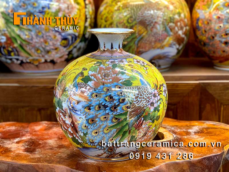 Bình hút tài lộc chim công 35cm vàng 24k tặng may mắn