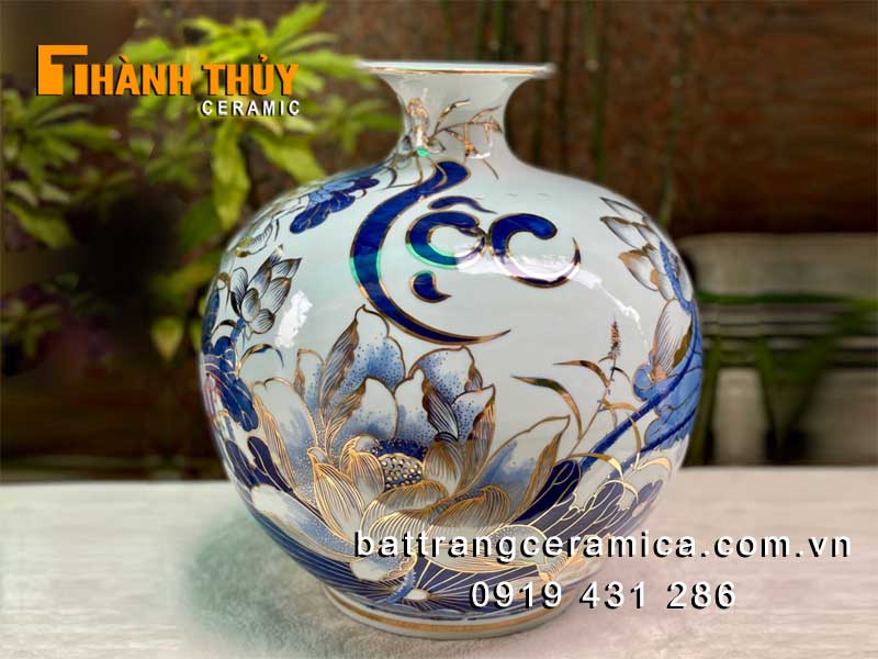 Bình hút tài lộc hoa Sen vẽ vàng 38cm quà tặng phong thủy đẹp