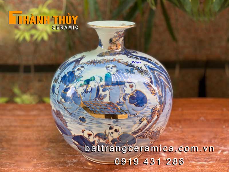 Bình tài lộc vẽ vàng Bách Nhi Đồ 35cm Quà tặng cao cấp Phòng khách đẹp 