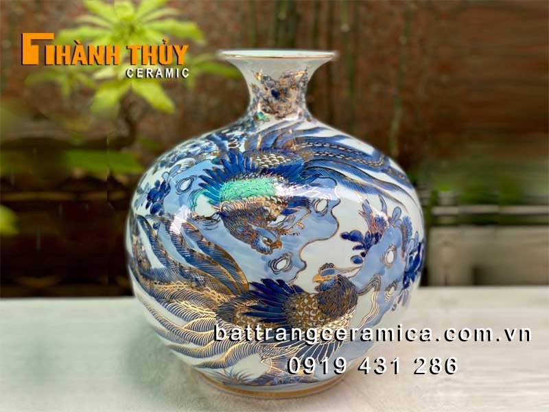 Bình tài lộc chim Trĩ hoa Đào vàng 24k sang trọng H35