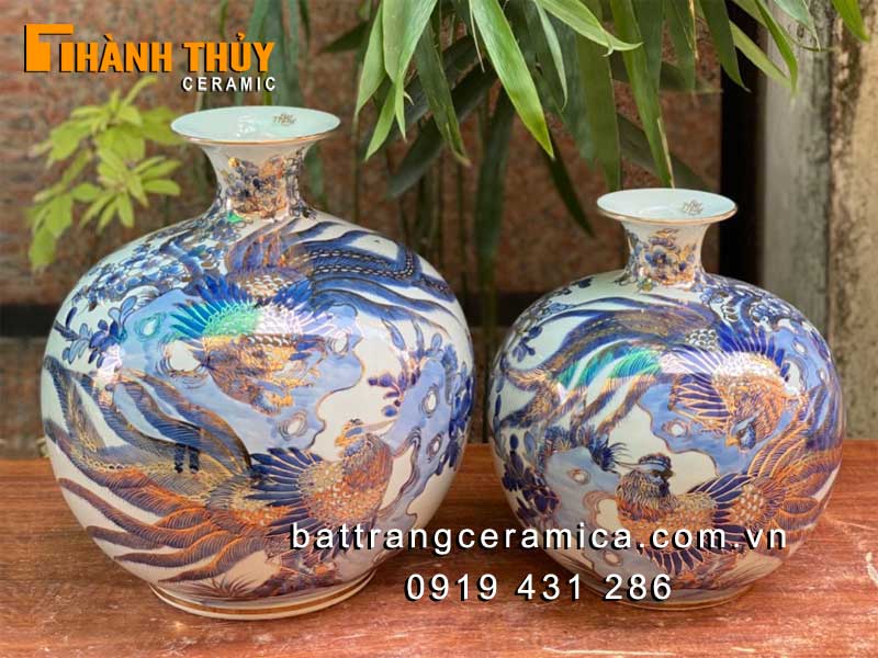 Bình tài lộc chim Trĩ hoa Đào vàng 24k sang trọng H35