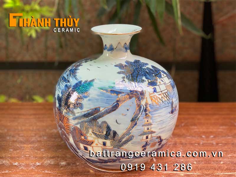Bình tài lộc 35cm vẽ vàng Sơn Thuỷ Hữu Tình quà tặng ý nghĩa hút lộc