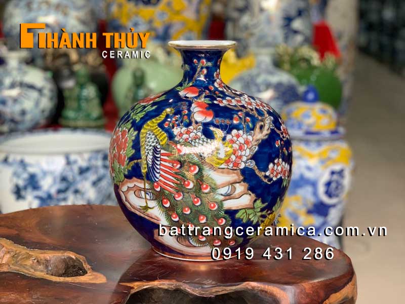 Bình tài lộc lam tím vẽ vàng Công Đào 30cm sang trọng quà tặng may mắn 