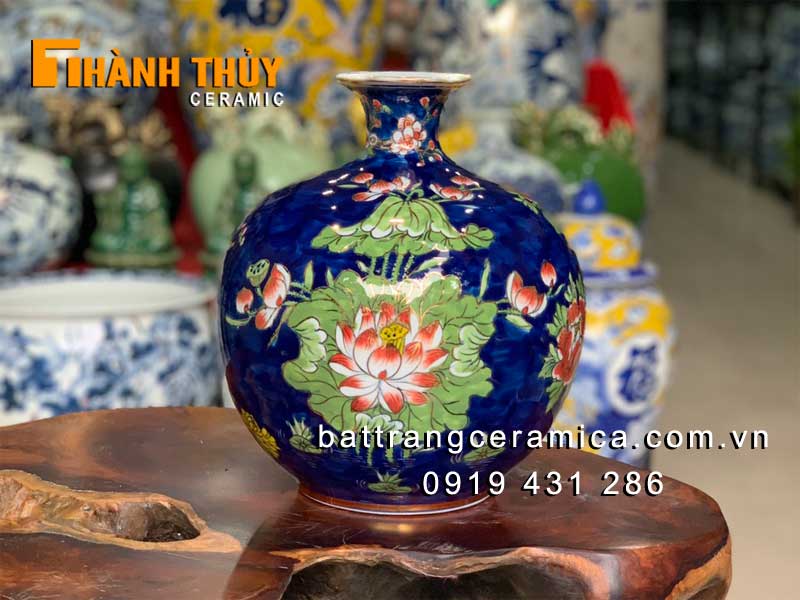 Bình tài lộc lam tím vẽ vàng Công Đào 30cm sang trọng quà tặng may mắn