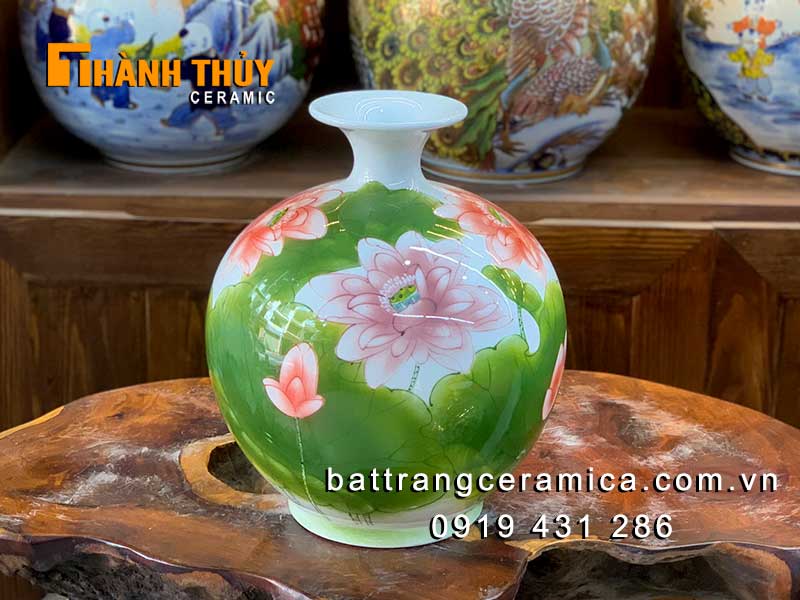 Bình hút tài lộc hoa Sen Bát Tràng 30cm quà tặng may mắn