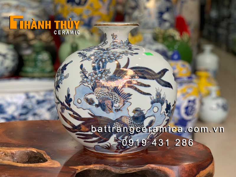 Bình tài lộc vẽ vàng 24k Trĩ Đào cao 25cm quà tặng sang