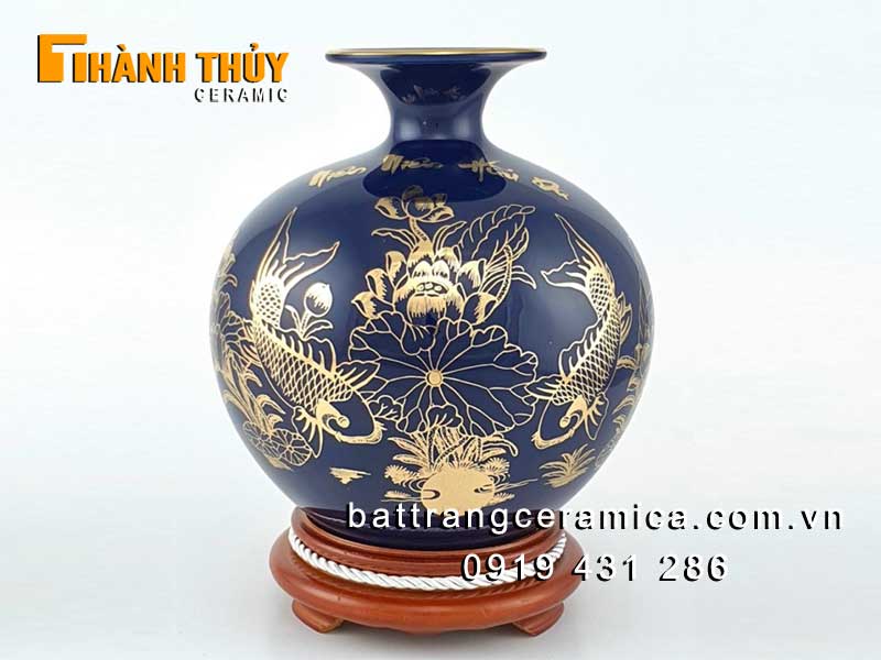 Bình hút lộc xanh tím than vẽ vàng 24k cao 25cm phong thủy bát tràng