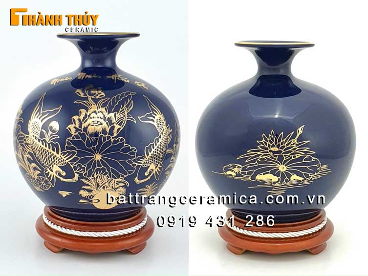 Bình hút lộc xanh tím than vẽ vàng 24k cao 25cm phong thủy bát tràng