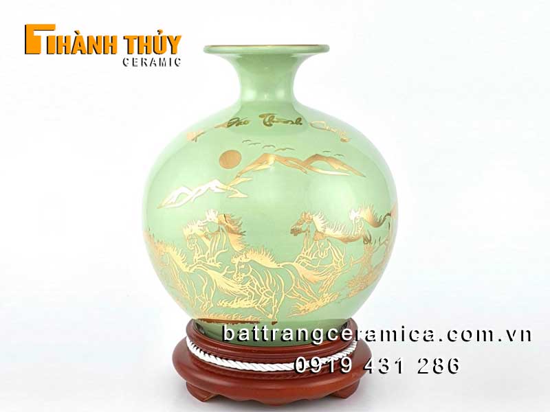 Bình hút lộc xanh ngọc 25cm vẽ vàng 24k hút tài lộc may mắn