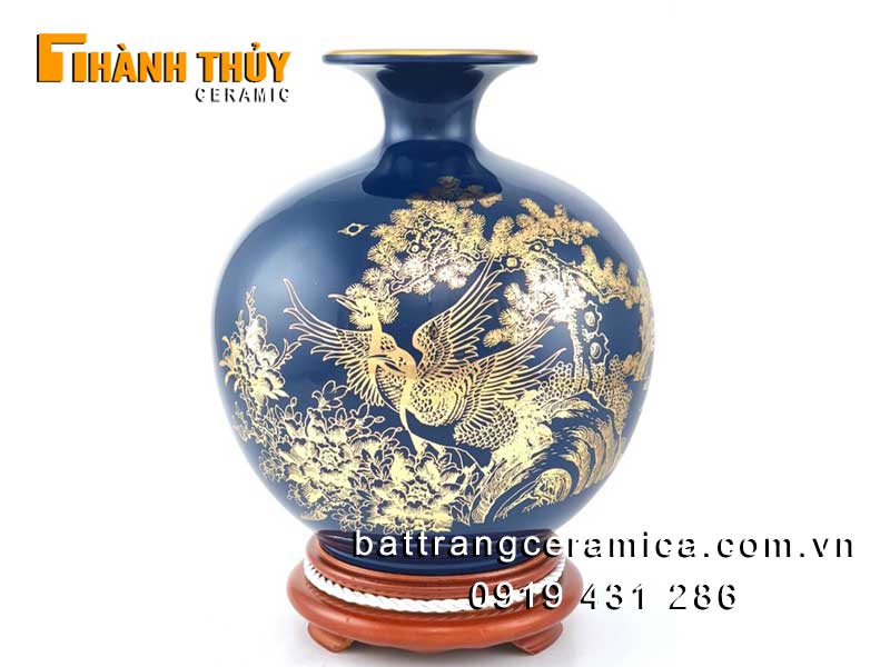Bình hút tài lộc Tùng Hạc vàng cao 25cm Gốm sứ Bát Tràng phong thủy
