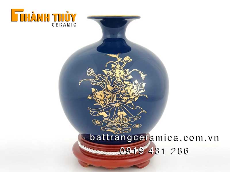Bình hút tài lộc Tùng Hạc vàng cao 25cm Gốm sứ Bát Tràng phong thủy