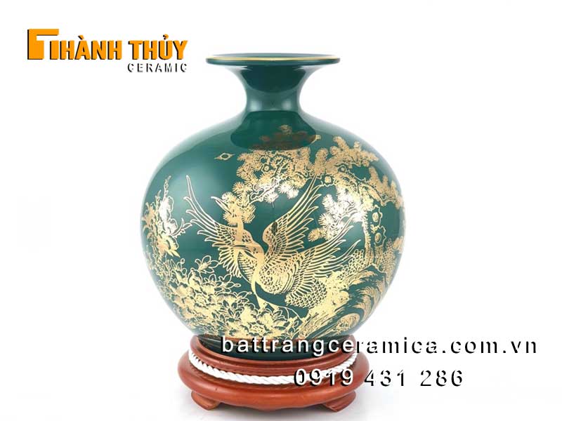 Bình hút lộc xanh ngọc bích 25cm vẽ vàng 24k sang trọng phong thủy 
