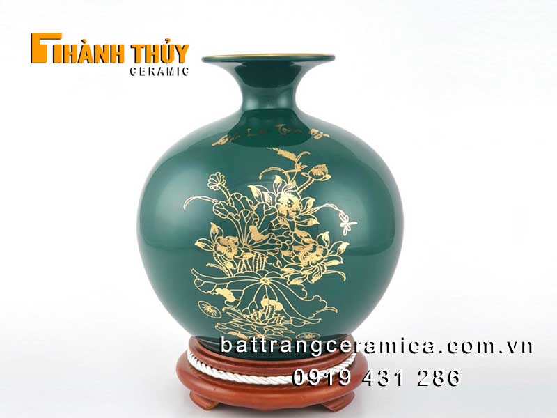 Bình hút lộc xanh ngọc bích 25cm vẽ vàng 24k sang trọng phong thủy