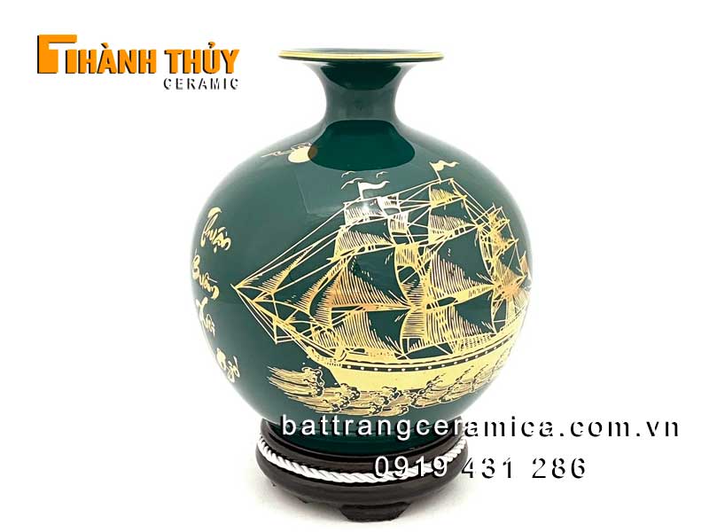 Bình thuận buồm xuôi gió xanh ngọc bích 25cm gốm sứ Bát Tràng hút lộc phong thủy 