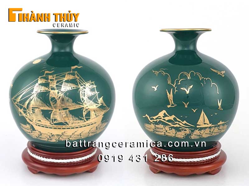Bình thuận buồm xuôi gió xanh ngọc bích 25cm gốm sứ Bát Tràng hút lộc phong thủy