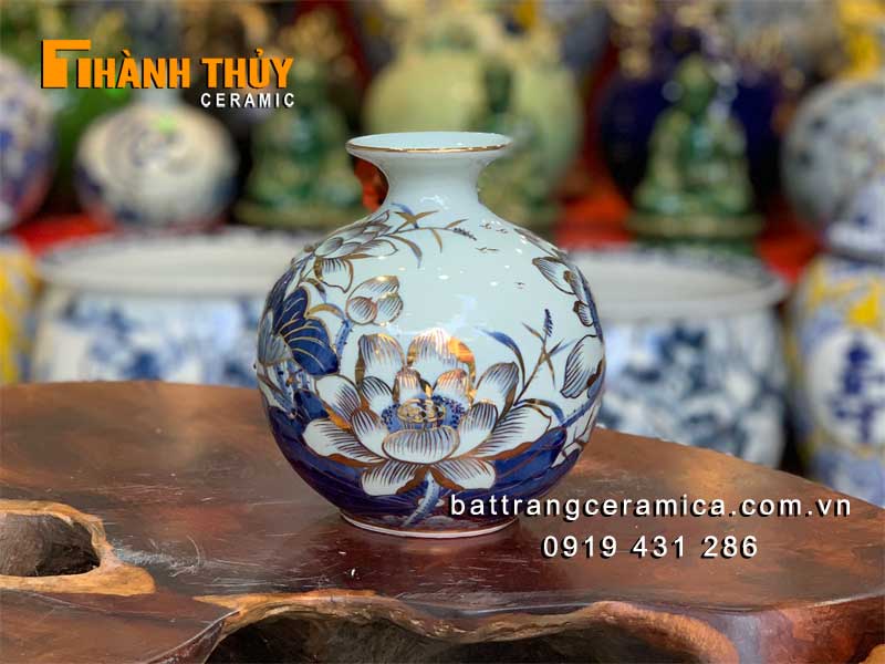 Bình hút tài lộc hoa sen 24k cao cấp vẽ vàng 20cm đẹp sang trọng