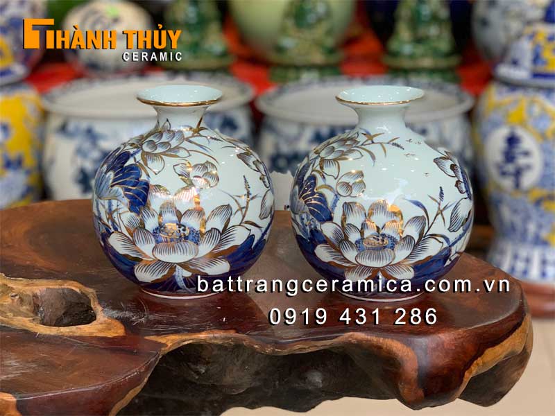 Bình hút tài lộc hoa sen 24k cao cấp vẽ vàng 20cm đẹp sang trọng