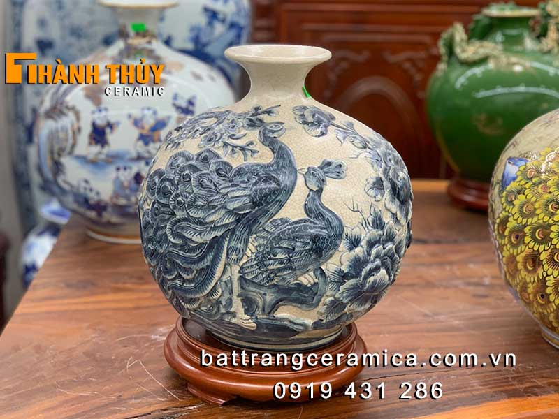 Bình hút tài lộc công đào rạn nổi 30cm gốm Bát Tràng may mắn phong thủy
