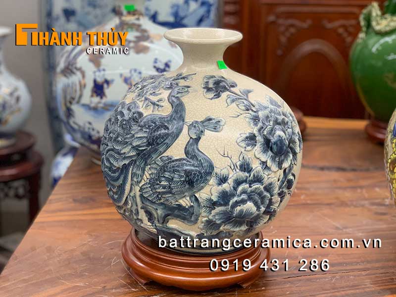 Bình hút tài lộc công đào rạn nổi 30cm gốm Bát Tràng may mắn phong thủy