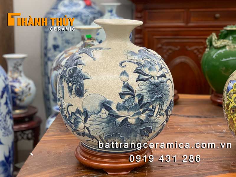 Bình tài lộc cá chép hoa sen rạn nổi 35cm độc đáo may mắn