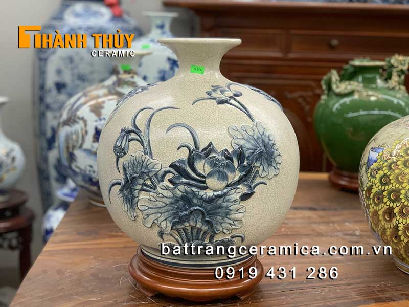 Bình tài lộc cá chép hoa sen rạn nổi 35cm độc đáo may mắn