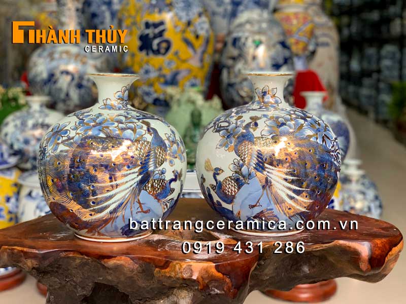 Bình hút lộc vẽ vàng 24k chim công hoa lan cao cấp Bát Tràng đẹp