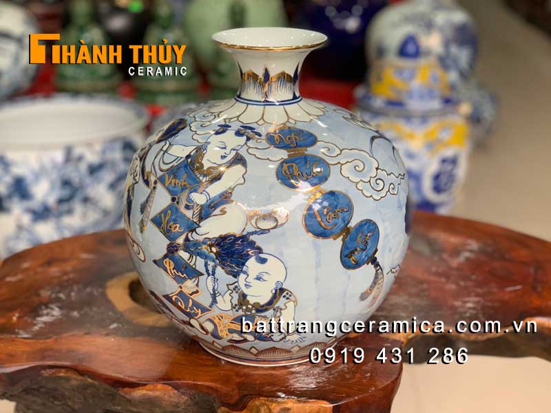 Bình hút lộc Ngũ Phúc Lâm Môn vẽ vàng 24k cao cấp Bát Tràng