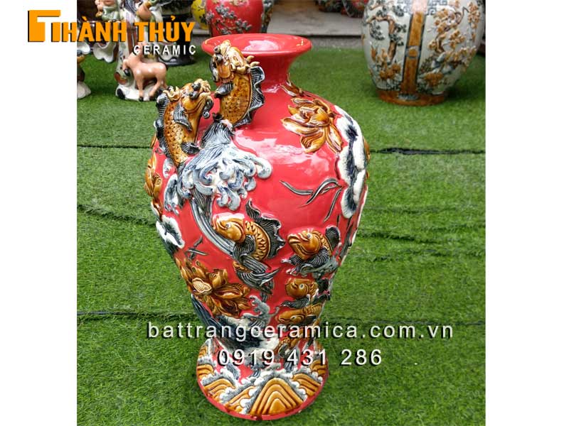 Mai bình tích lộc đỏ cá chép hóa rồng sứ Bát Tràng giá tốt Mai bình tích lộc đỏ cá chép hóa rồng sứ Bát Tràng giá tốt