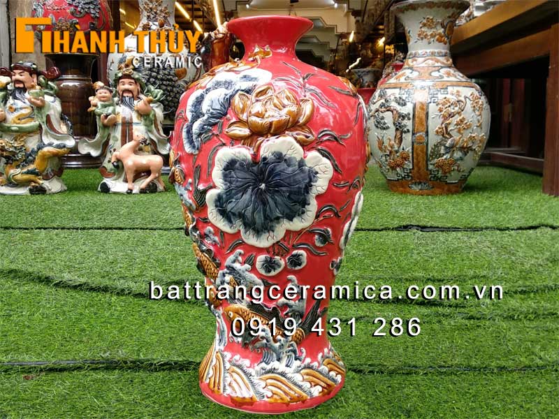 Mai bình tích lộc đỏ cá chép hóa rồng sứ Bát Tràng giá tốt Mai bình tích lộc đỏ cá chép hóa rồng sứ Bát Tràng giá tốt