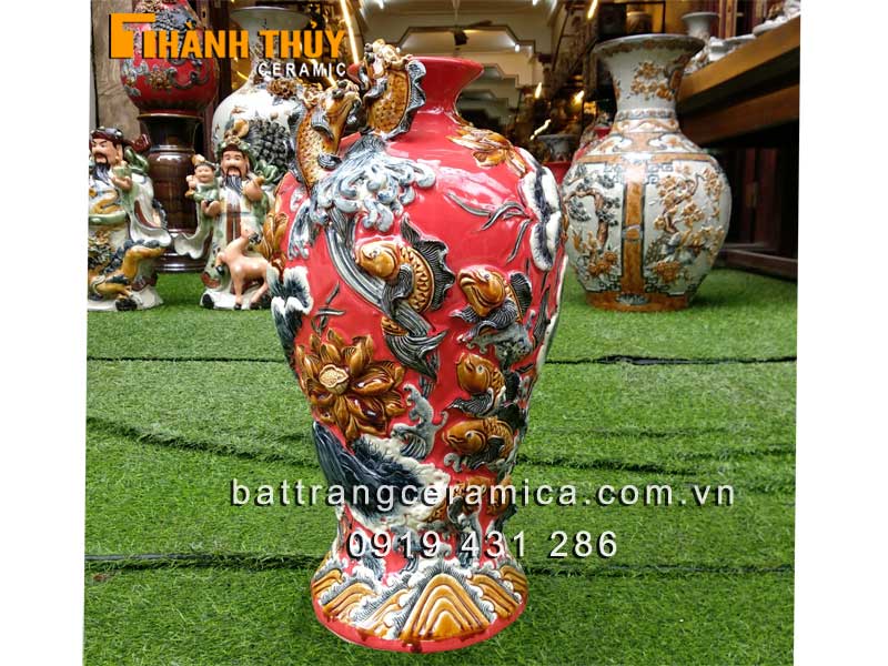 Mai bình tích lộc đỏ cá chép hóa rồng sứ Bát Tràng giá tốt Mai bình tích lộc đỏ cá chép hóa rồng sứ Bát Tràng giá tốt