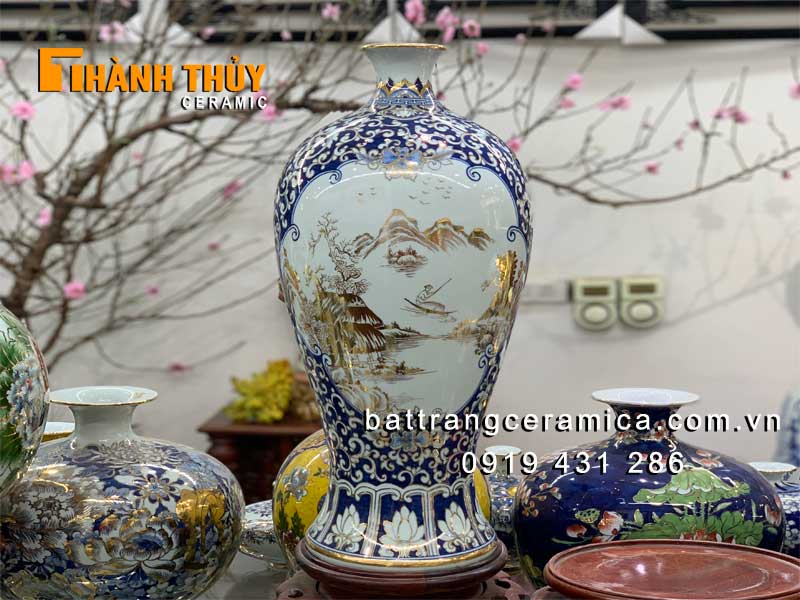 Mai bình sơn thủy nhị cảnh 55cm vàng 24k cao cấp Bát Tràng 