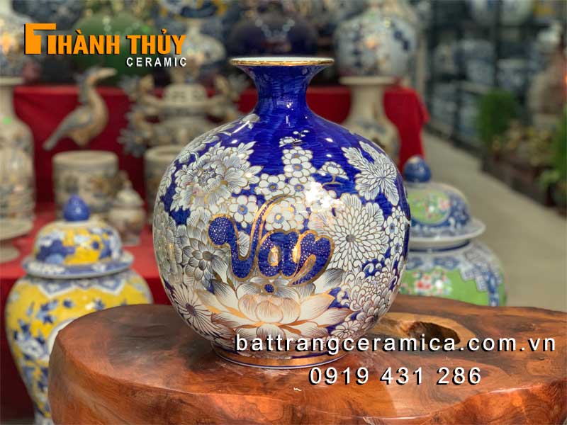 Bình hút tài lộc Vạn Sự Như Ý 40cm gốm sứ vàng 24k cao cấp